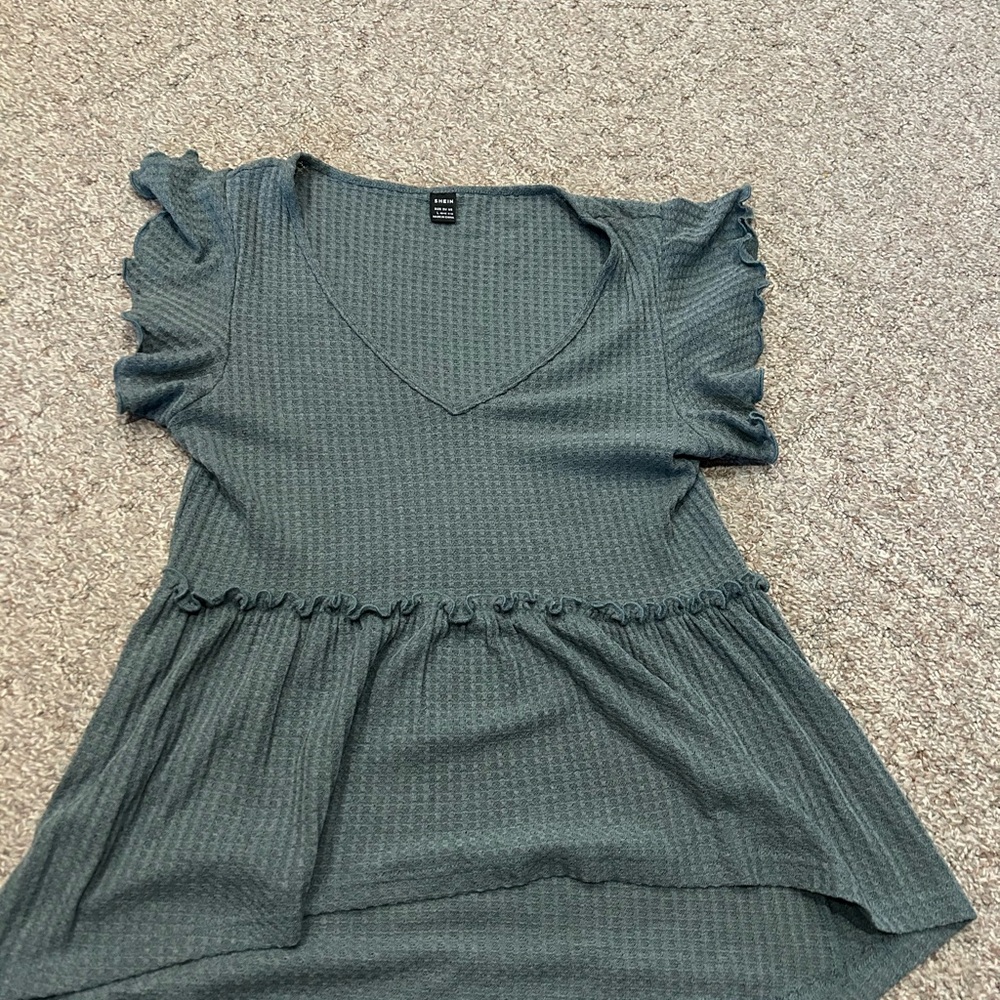 SHEIN Teal Ruffled V-Neck Blouse
